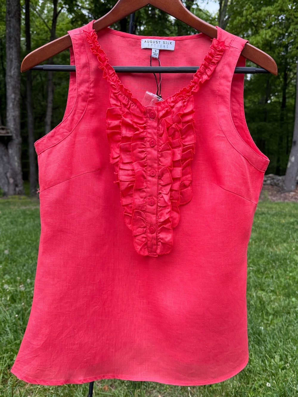 august silk Coral Red Sleeveless Ruffle Front Camisole 100% Linen